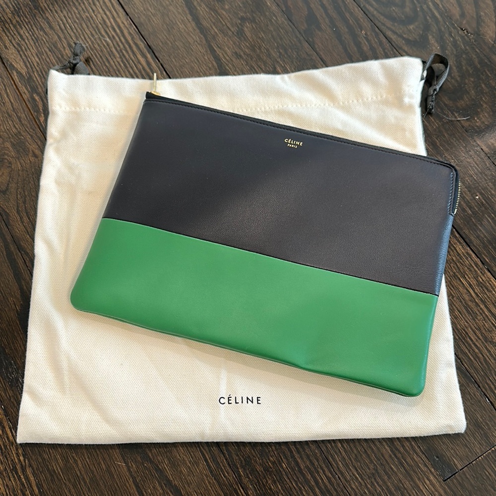 Celine two tone leather clutch pouch- Grass/Navy